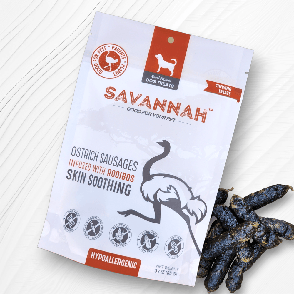 Savannah Ostrich Sausages with Rooibos (3oz) – Hypoallergenic Dog Treats for Skin & Allergy Support