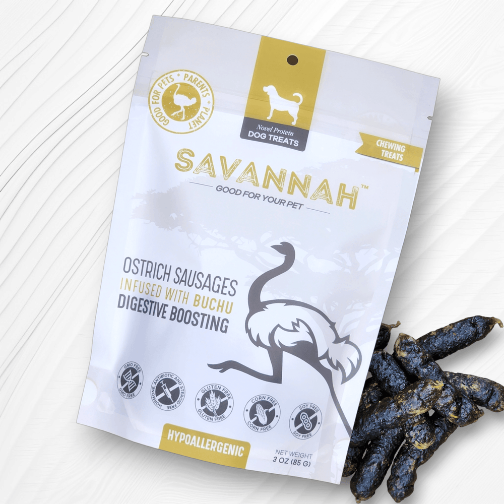 Savannah Ostrich Sausages with Buchu (3oz) – Tasty, Hypoallergenic Dog Treats for Digestive Support