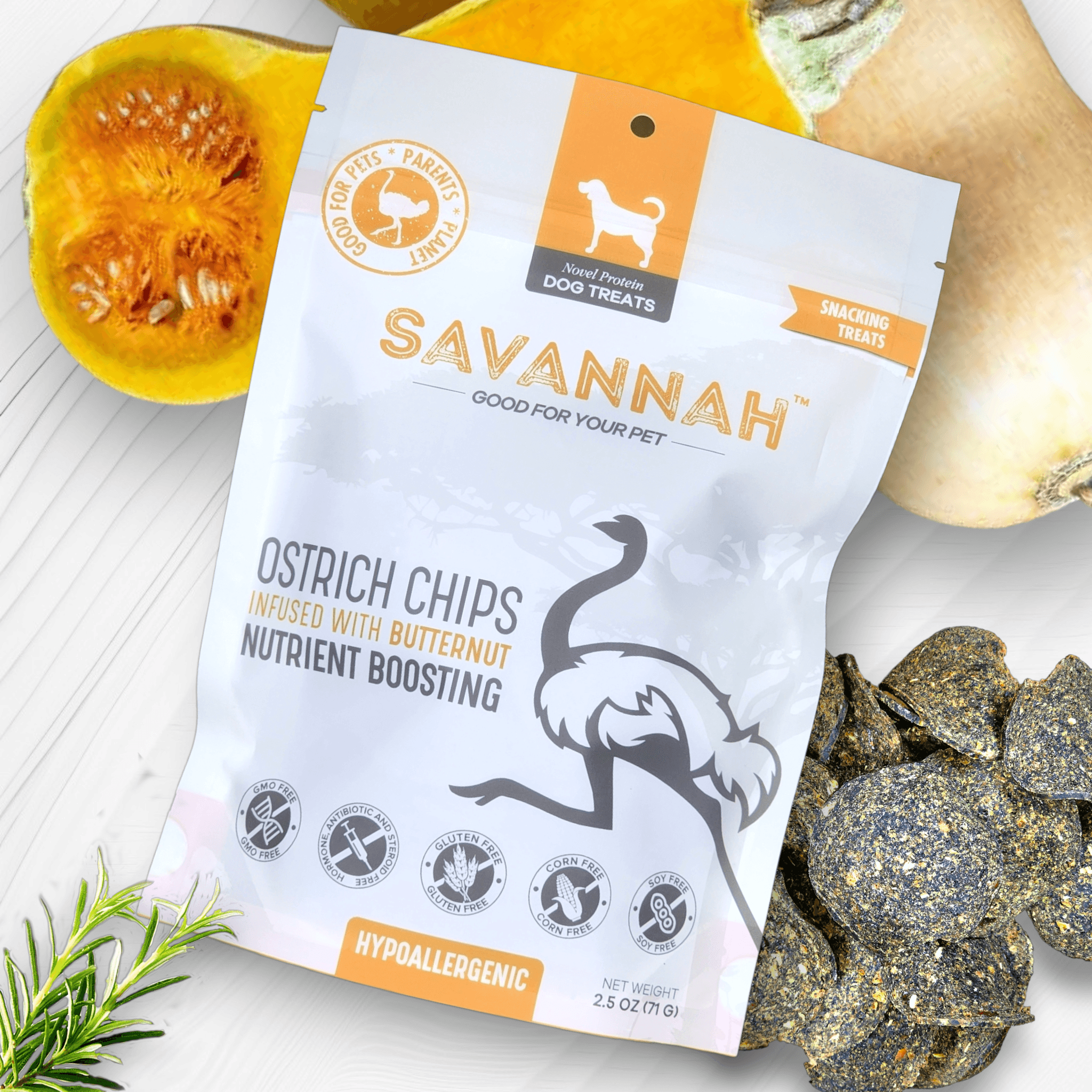 Savannah Ostrich Chips with Butternut – Hypoallergenic Dog Treats for Sensitive Stomachs (2.5oz)