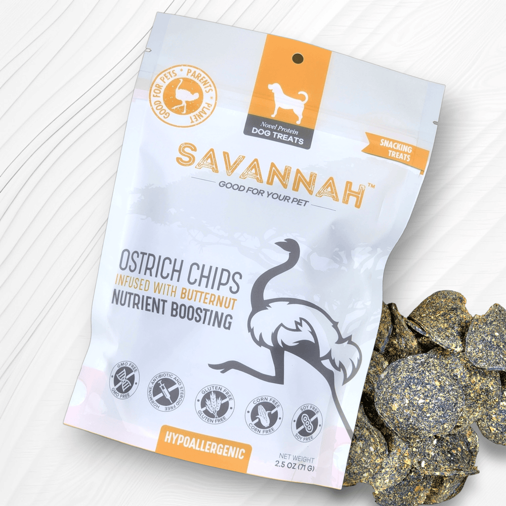 Savannah Ostrich Chips with Butternut – Hypoallergenic Dog Treats for Sensitive Stomachs (2.5oz)