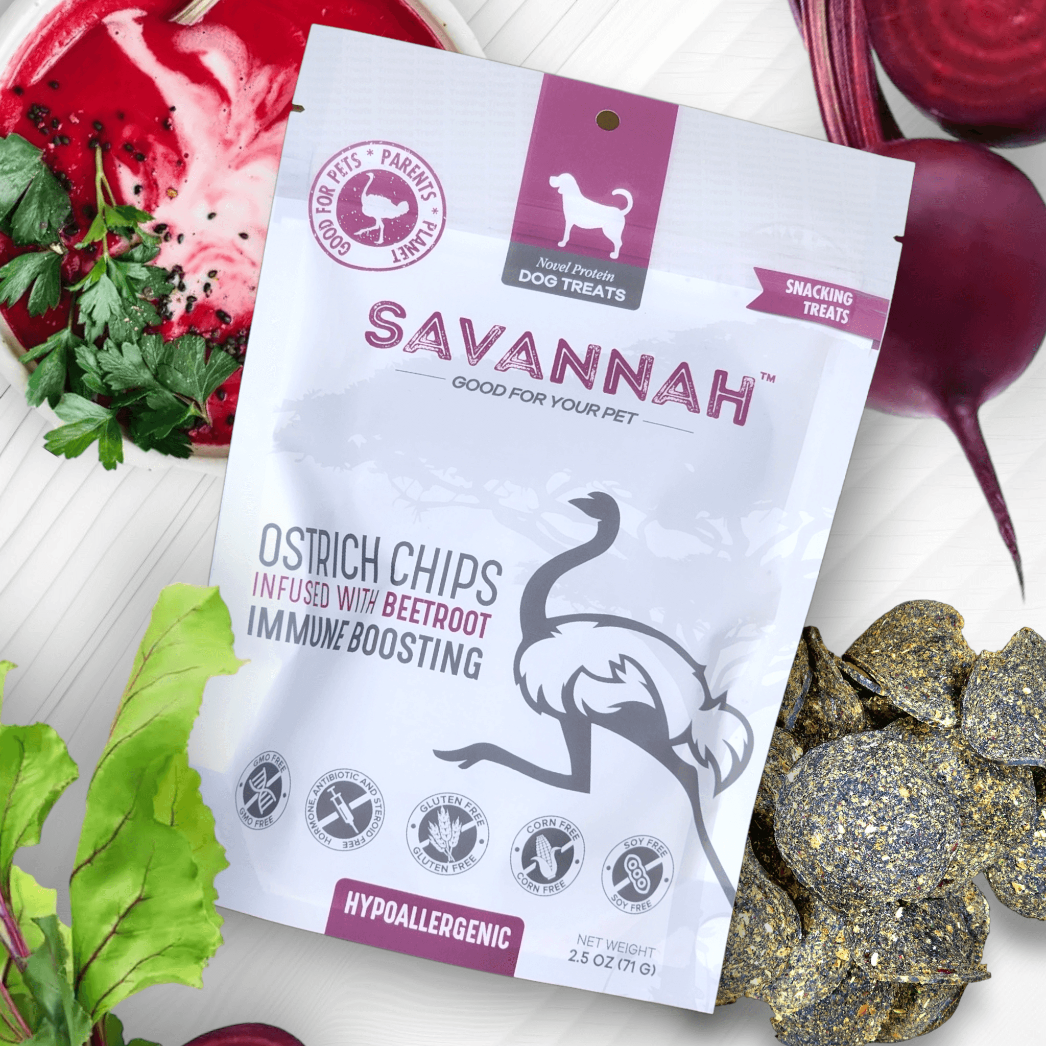 Savannah Ostrich Chips with Beetroot – Immune-Boosting, Hypoallergenic Dog Treats (2.5oz)