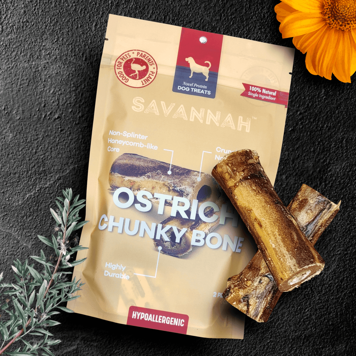 Savannah Pet Food Ostrich Chunky Bones – 2 Pack| Long-Lasting Dog Chews