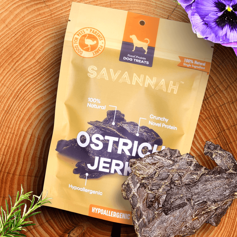Savannah Pet Food Tasty Ostrich Jerky Dog Treats – 3oz | Hypoallergenic & Dental Health Support