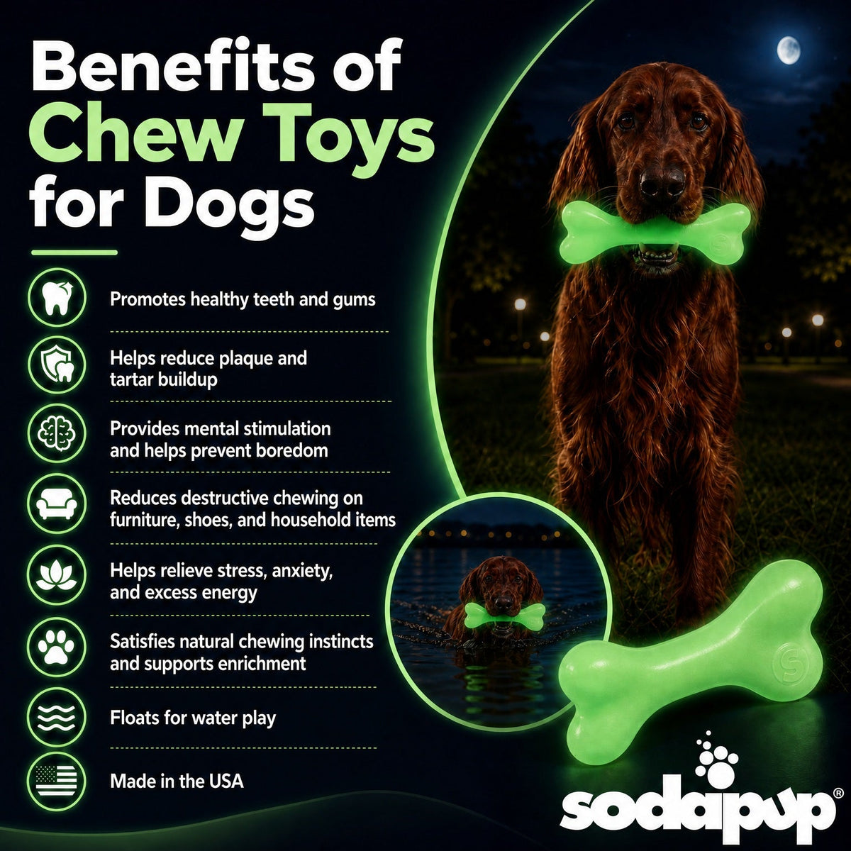 SodaPup PUP-X Glow-in-the-Dark Dog Bone – Large Floating Chew Toy