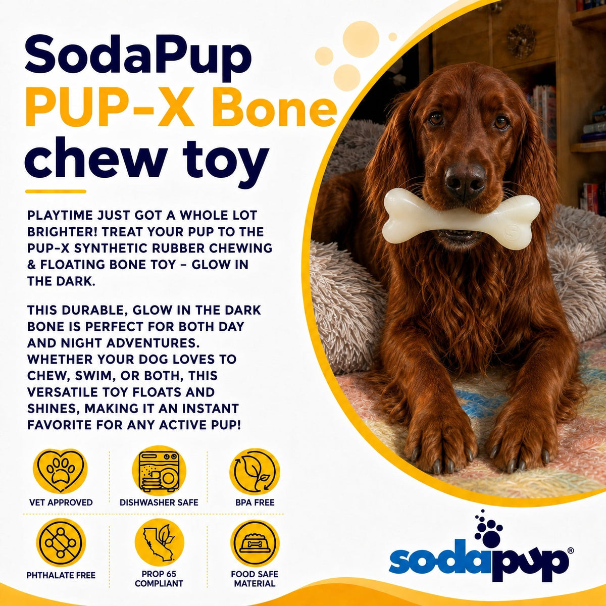 SodaPup PUP-X Glow-in-the-Dark Dog Bone – Large Floating Chew Toy