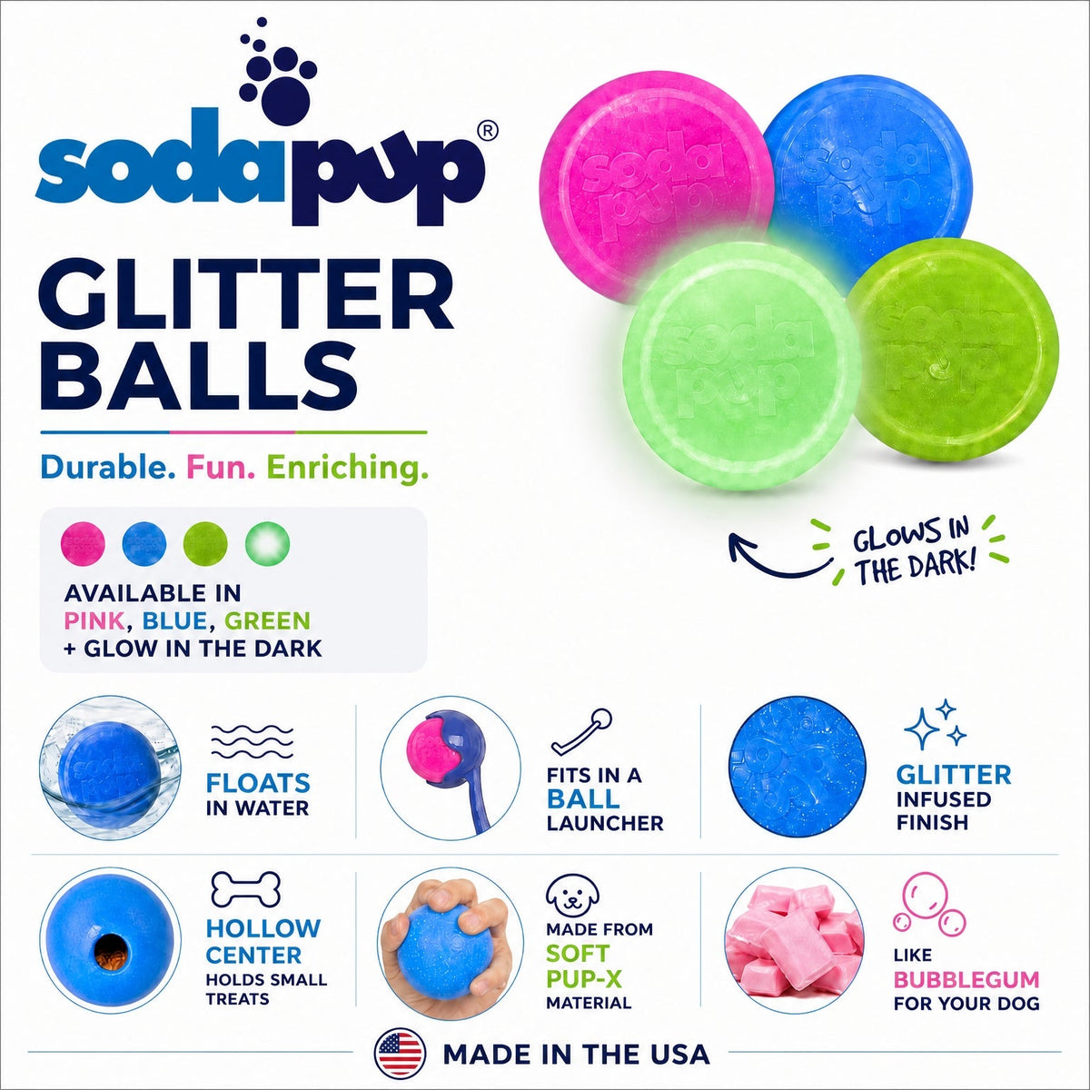 SodaPup Glow in the Dark Glitter Dog Balls – 2-Pack | Soft Rubber Fetch & Treat Toys