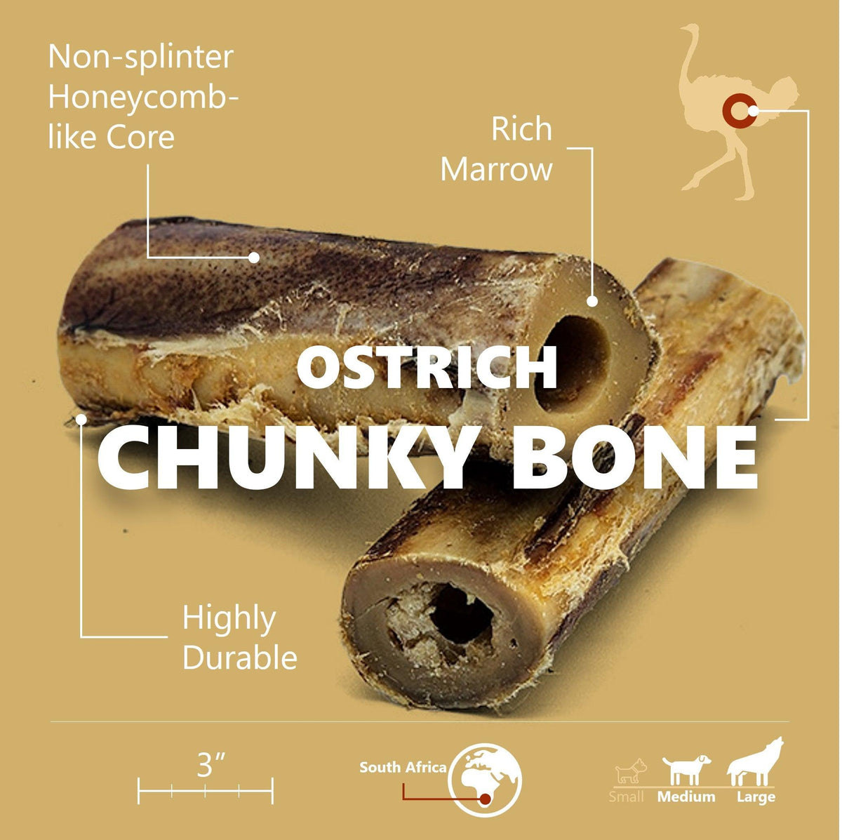 Savannah Pet Food Ostrich Chunky Bones – 2 Pack| Long-Lasting Dog Chews