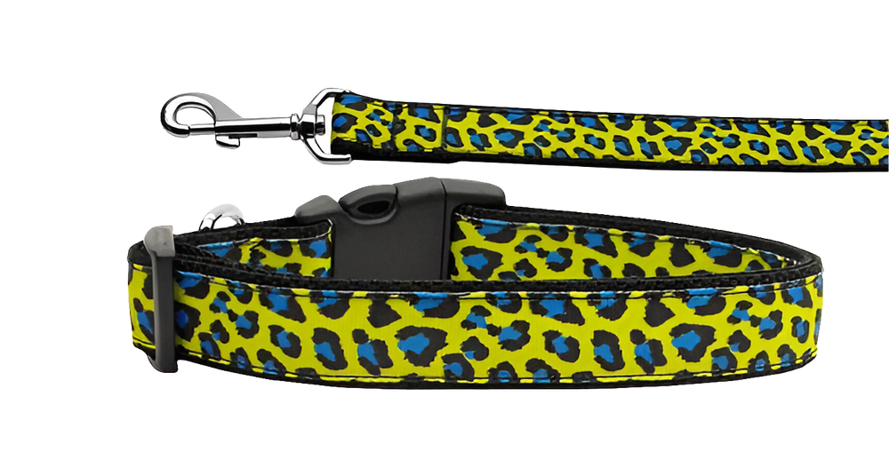 Blue & Yellow Leopard Print Pet Collar or Leash – Durable Nylon for Dogs & Cats | Adjustable, Breakaway, & Washable Options