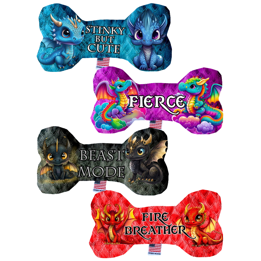 Dragon-Themed Plush Heart & Bone Dog Toys – Multiple Sizes & Patterns Available!