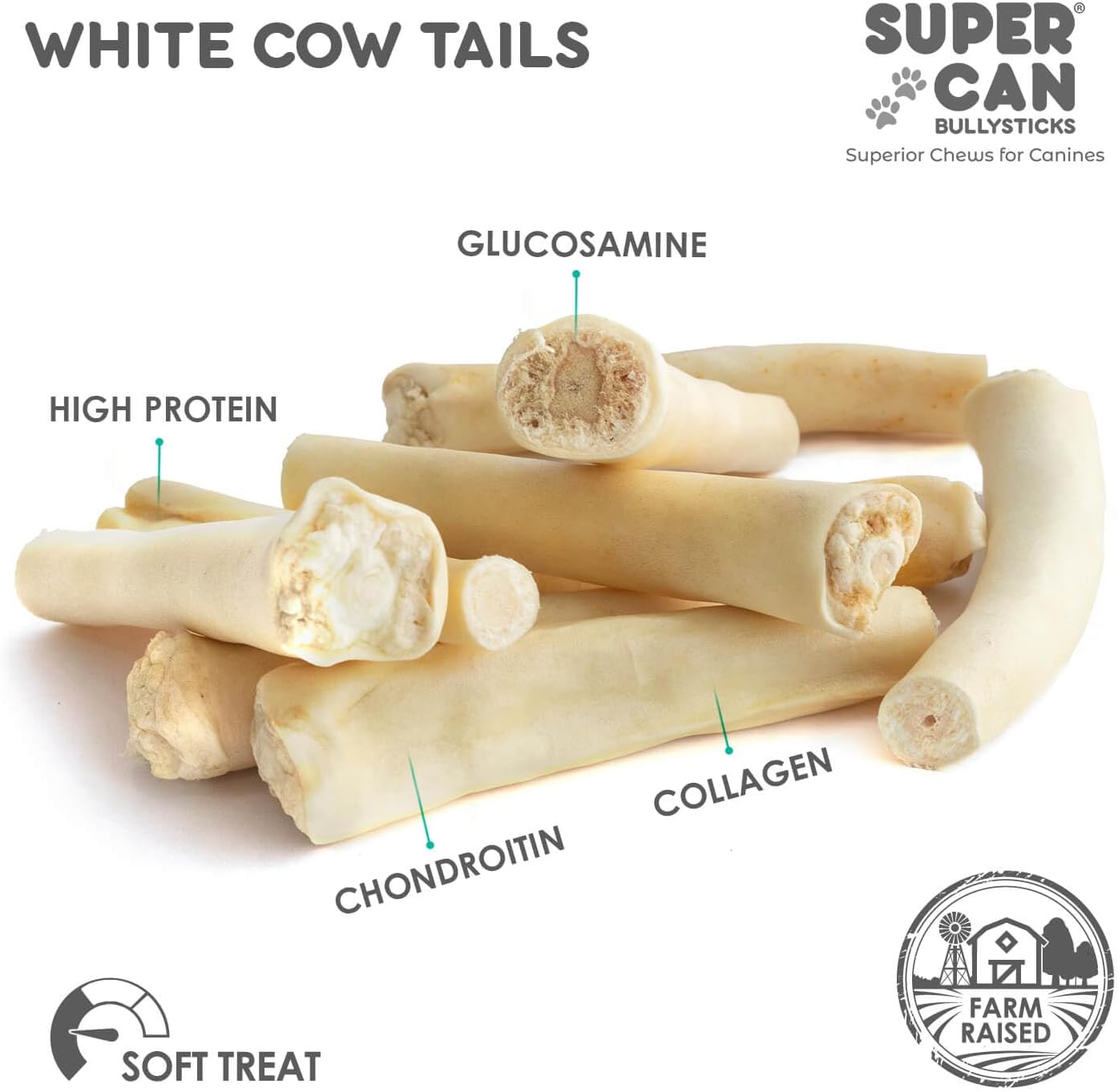 SuperCan 6” Cow Tails Dog Chews | All-Natural, Single-Ingredient, Grass-Fed Beef Treats (10 pcs)