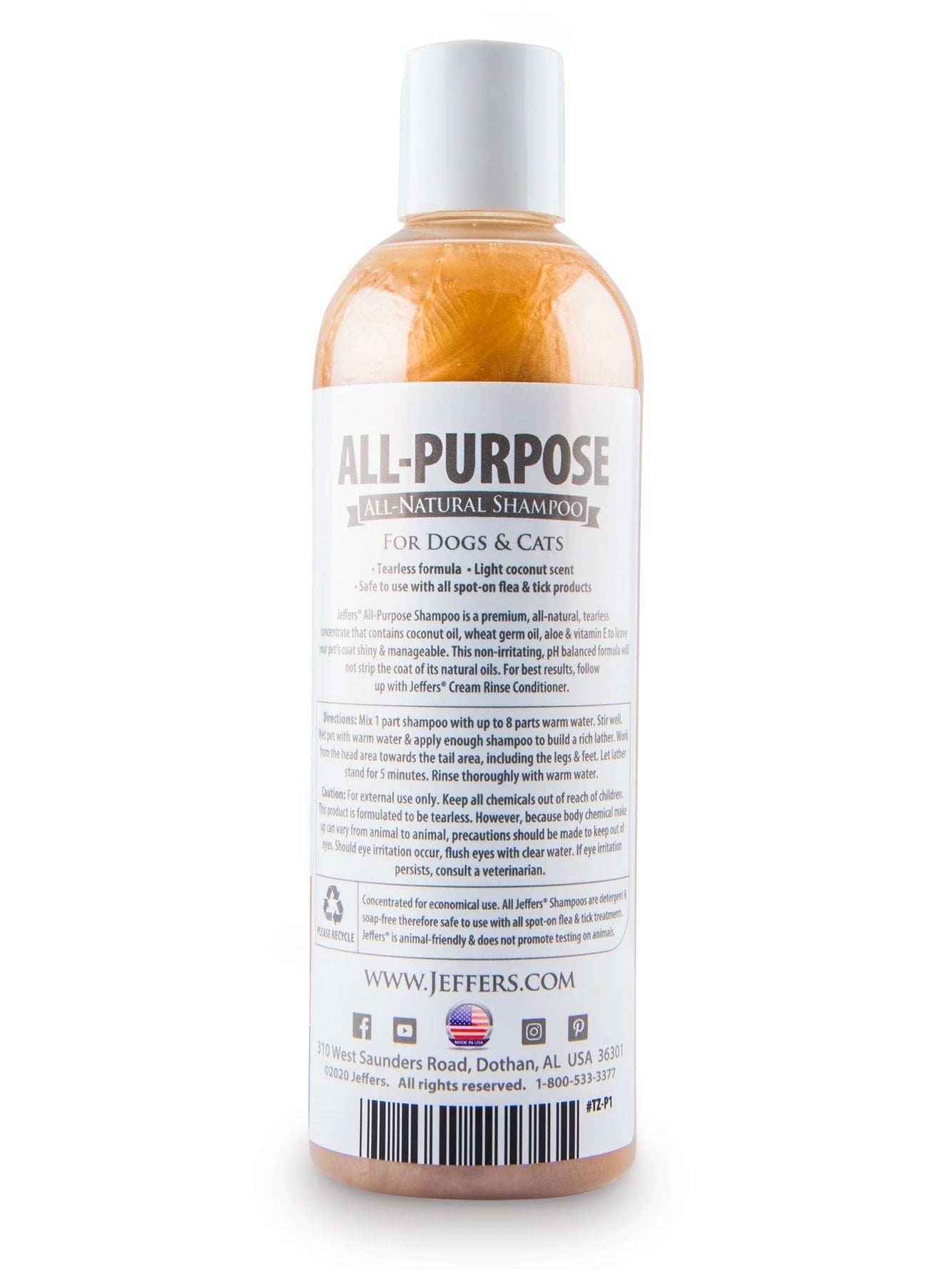 Jeffers Pet Tearless All-Purpose Coconut Oil Shampoo – 8:1 Concentrated Shampoo for Dogs & Cats