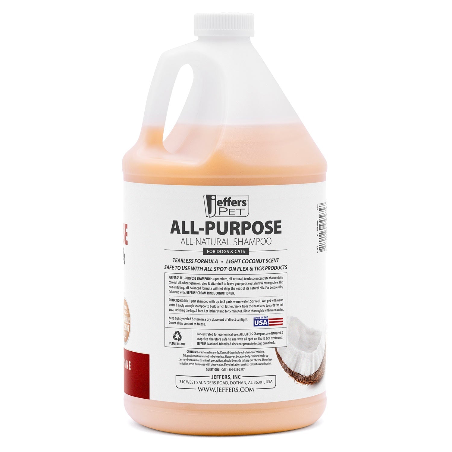 Jeffers Pet Tearless All-Purpose Coconut Oil Shampoo – 8:1 Concentrated Shampoo for Dogs & Cats