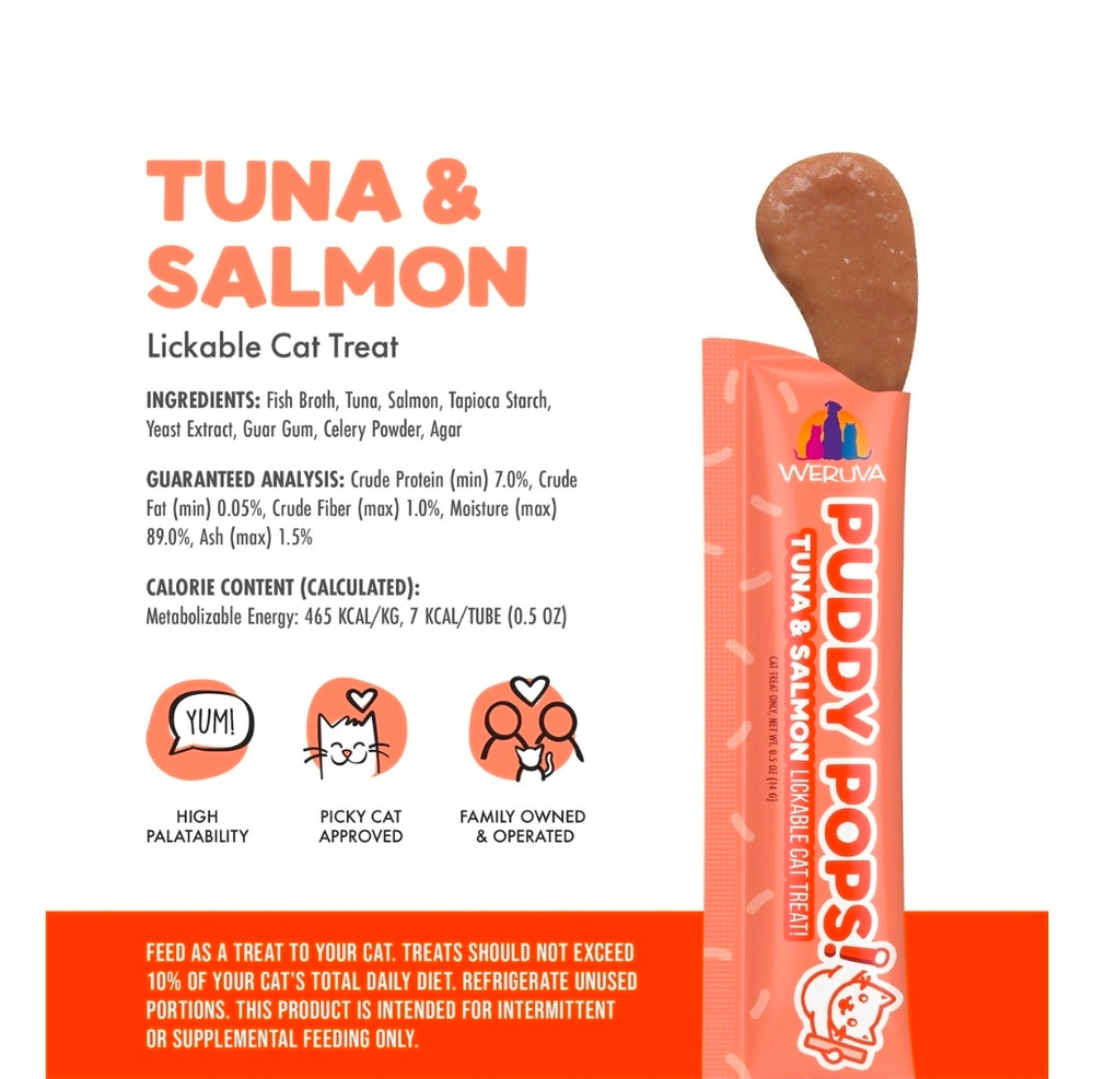Weruva Puddy Pops Tuna & Salmon Lickable Cat Treats – Hydrating High-Protein Cat Treat Tubes