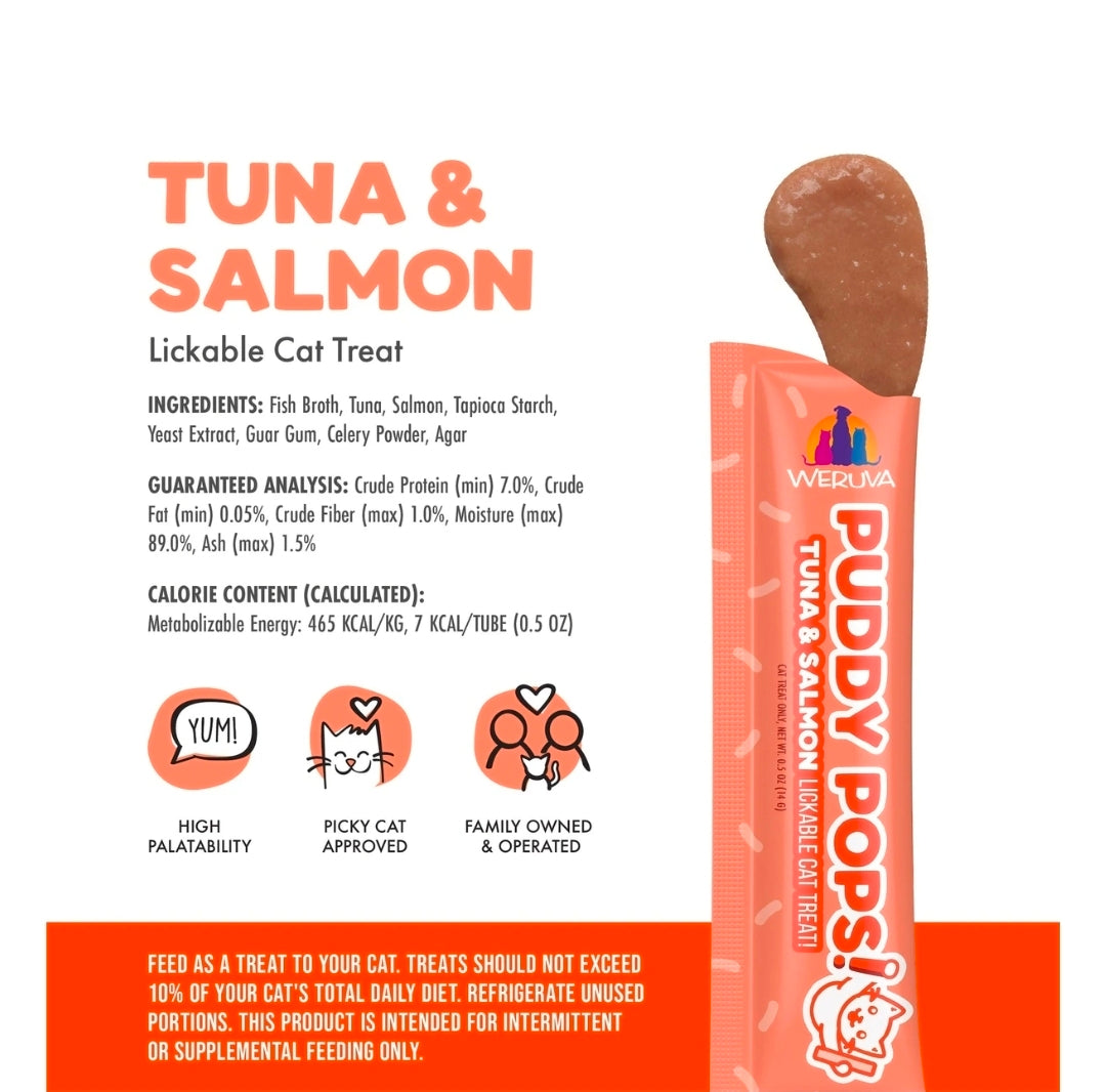 Weruva Puddy Pops Tuna & Salmon Lickable Cat Treats – Hydrating High-Protein Cat Treat Tubes