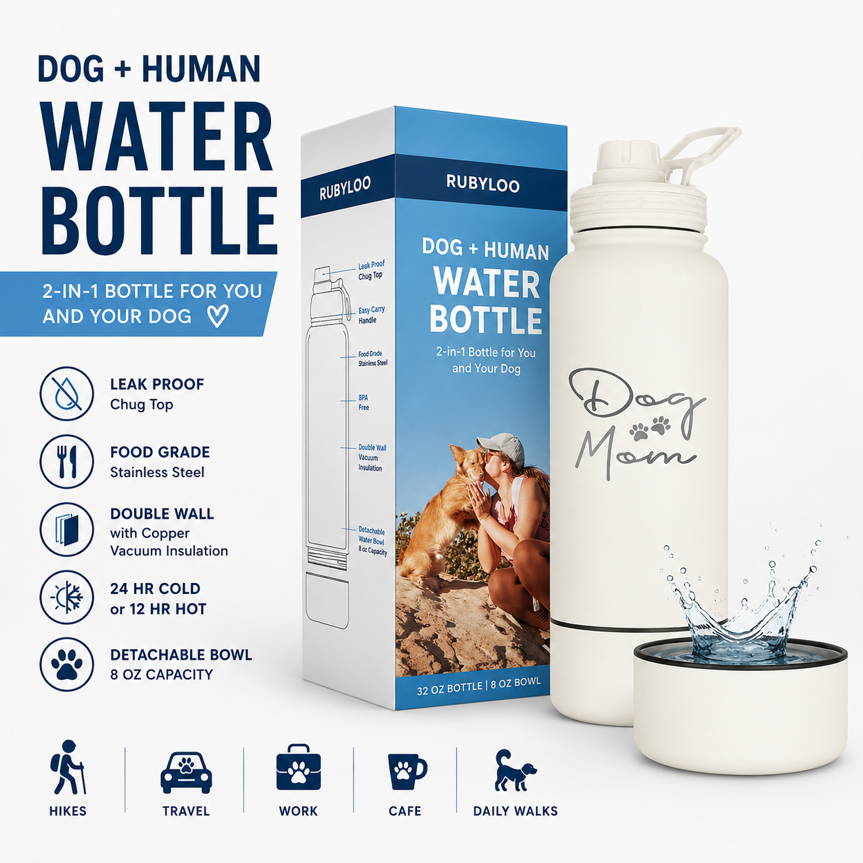 Dog + Human Water Bottle with Detachable Dog Bowl – Insulated Stainless Steel Travel Bottle