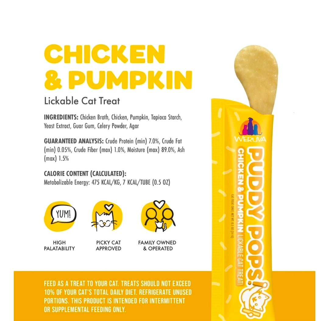 Weruva Puddy Pops Chicken & Pumpkin Lickable Cat Treats – Hydrating High-Protein Cat Treat Tubes