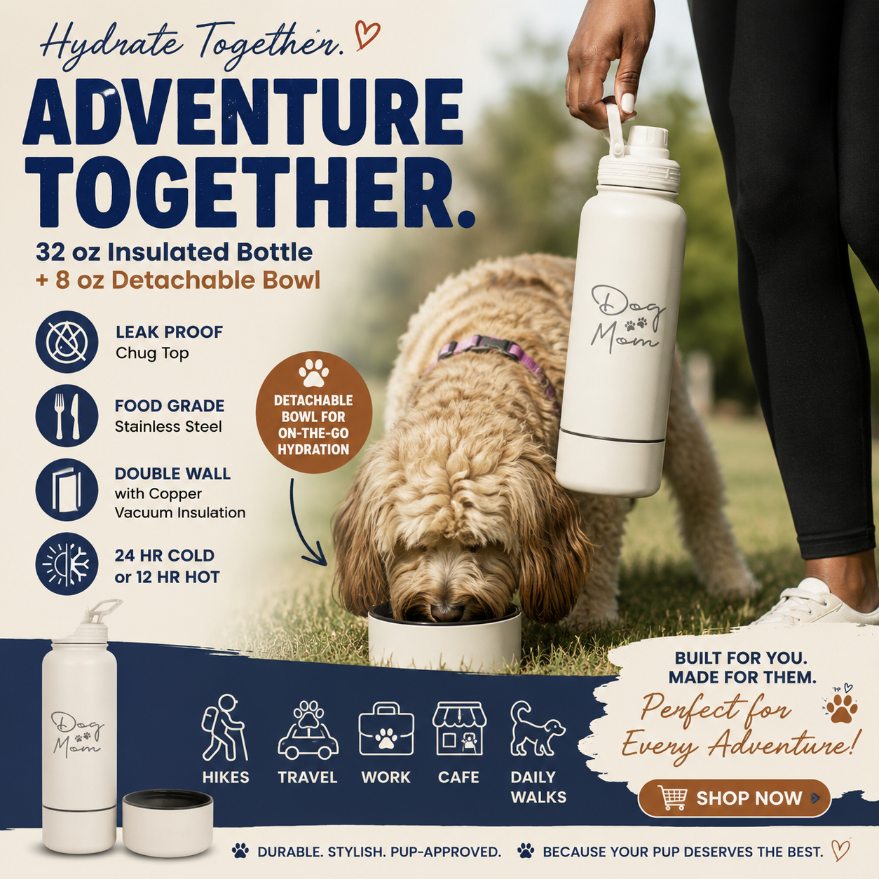 Dog + Human Water Bottle with Detachable Dog Bowl – Insulated Stainless Steel Travel Bottle
