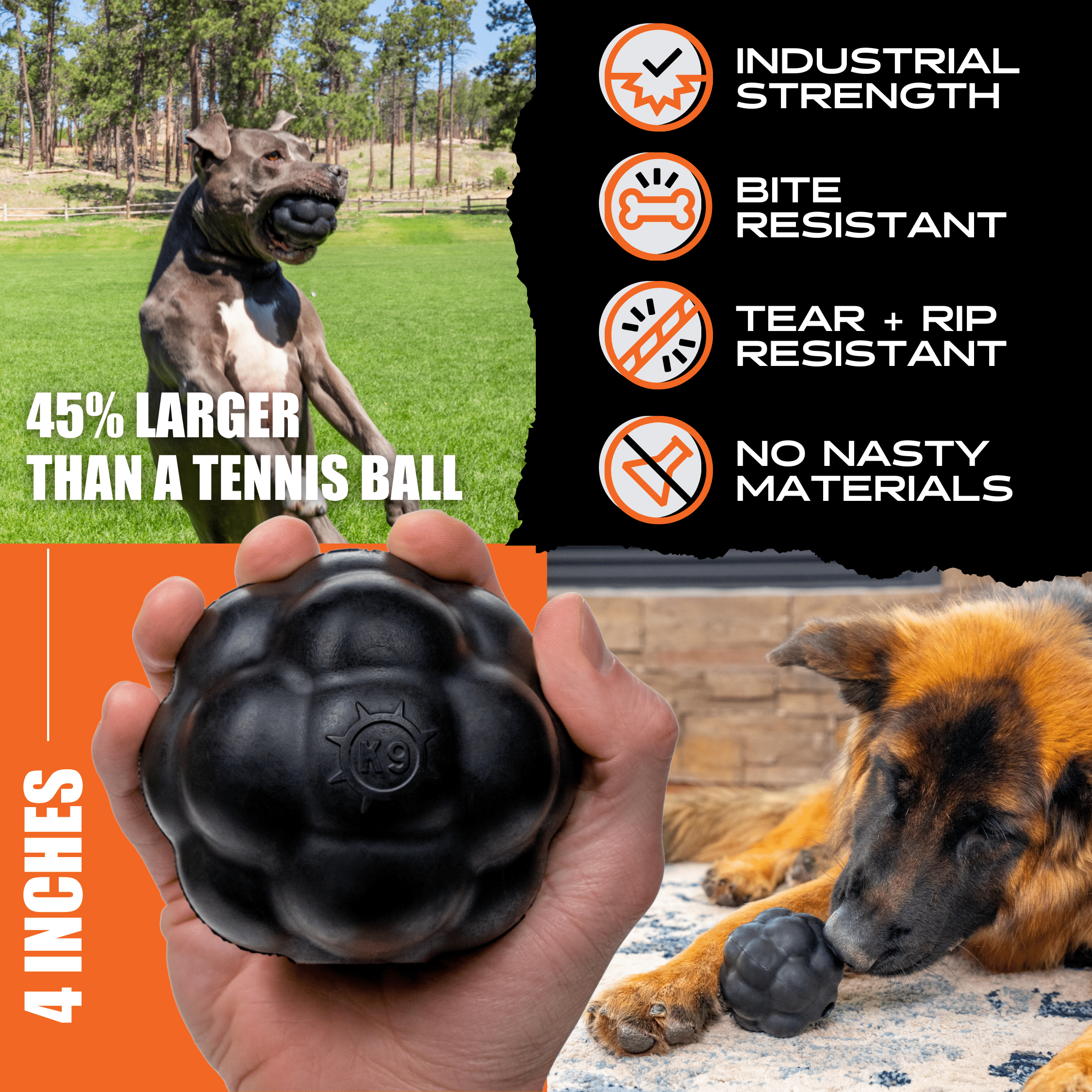 Monster K9® Indestructible Rubber Ball Dog Toy – Ultra-Durable Natural Rubber Chew Toy for Aggressive Chewers
