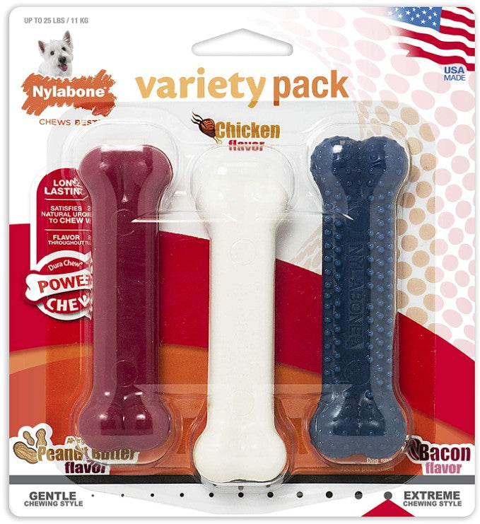 Nylabone Dura Chew Tough Dog Chew Toy Variety Pack – Long-Lasting Peanut Butter, Chicken & Bacon Flavors