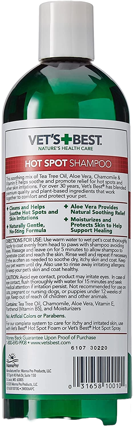 Vet's Best Hot Spot Itch Relief Dog Shampoo – Natural Formula with Tea Tree Oil, Aloe Vera & Chamomile, Alcohol-Free, 16 oz